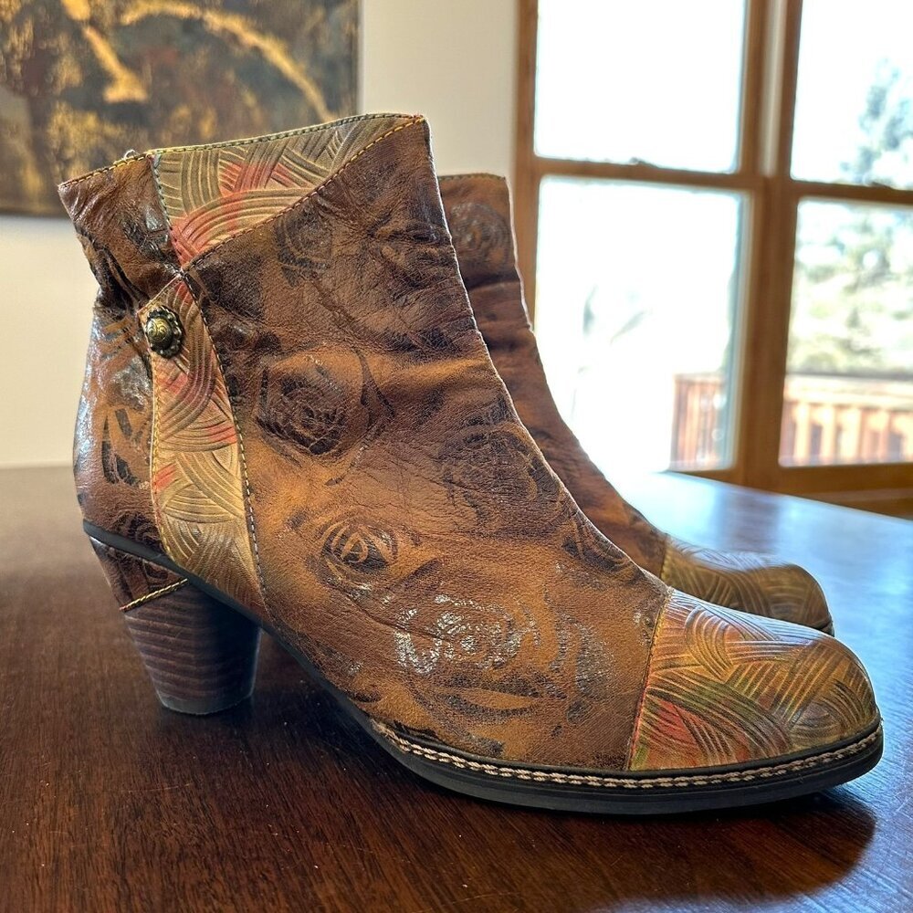 L’Artiste by Spring Step Waterlily Floral Brown Leather Ankle Boots Women’s 40